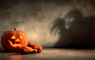 A pumpkin with a candle inside and two pieces of chicken on a table