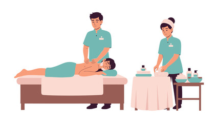 Two professional spa therapists in uniform providing a relaxing massage to a client lying on a massage table with various spa products nearby