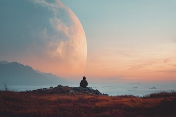 Solitary figure on a hilltop, vast moon