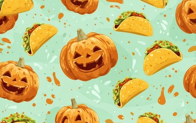 A pattern of food items including a taco and a pumpkin