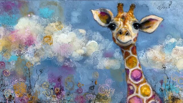 Colorful whimsical giraffe in abstract landscape