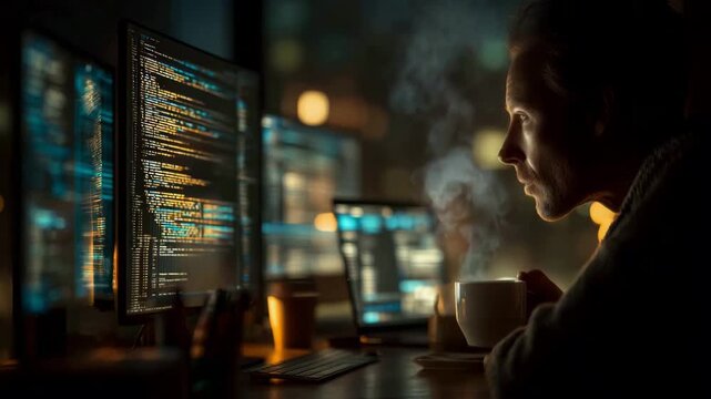 Programmer coding at night with coffee