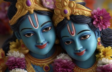 Lord Krishna's close-up portrait, adorned with a flower garland, is a symbol of Indian culture and spirituality, celebrated during festivals such as Sri Krishna Janmashtami and Ekadashi, with god