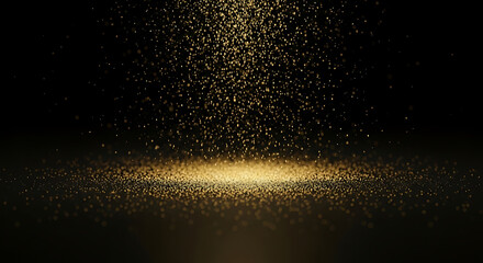 Golden glitter falling down onto dark surface with reflection