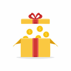 Open Gift Box with Coins Simple vector illustration of surprise reward