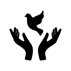 Symbolic image of peace featuring a bird flying above human hands