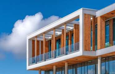 Fototapeta premium A modern architectural structure features an exterior with a wooden facade and glass windows, where natural wood contrasts with glass to exemplify contemporary urban design, and the building reflects