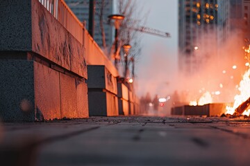 Urban fire scene at twilight