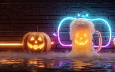 A pumpkin with a scary face and a beer mug with a happy face