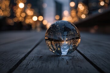 Crystal ball reflecting city lights