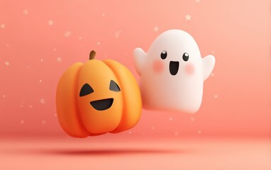 A ghost and a pumpkin are on a pink background