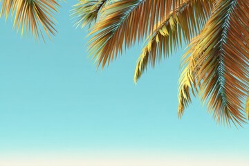 Against a turquoise sky and white wall, palm tree leaves stand out, embodying pastel colors and creative, colorful minimalism, with ample copy space for text