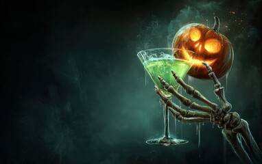 A skeleton is holding a green martini glass with a green liquid in it