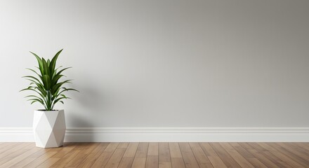 Modern Interior Design: Potted Green Plant in White Geometric Planter on Wooden Floor png clear alpha channel cutout isolated on transparent background