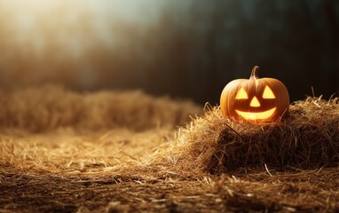 A pumpkin with a smiley face on it is sitting on a hay bale