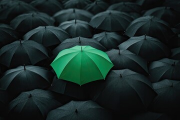A single green umbrella amidst many black ones (9)