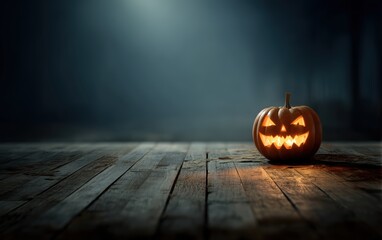 A pumpkin with a scary face is sitting on a wooden floor