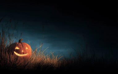 A pumpkin with a smiley face on it is sitting in a field