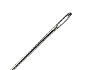 Close-up of a metallic sewing needle with an eye
