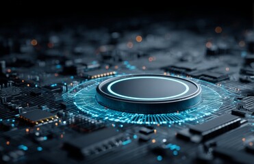 Obraz premium A futuristic circle with hi-tech elements and blue lines represents an abstract digital design that incorporates network features and a time tunnel concept, symbolizing innovation, data, connections