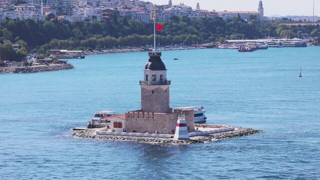 Panoramic view of Maiden's Leandros Tower in Bosphorus. Top view shot handheld, Istanbul, Turkey. High quality 4k footage