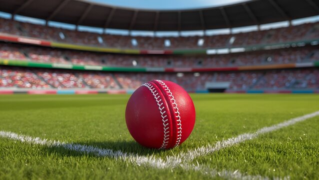 A cricket ball is placed on vibrant green grass, showcasing their texture. In the background, a stadium is full of enthusiastic fans enjoying a daytime match. - Powered by Adobe