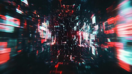 Abstract digital cityscape with red and teal lights creating a futuristic perspective view