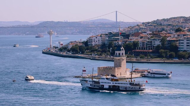 Panoramic view of Maiden's Leandros Tower in Bosphorus. Top view shot handheld, Istanbul, Turkey. High quality 4k footage
