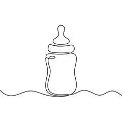 Minimalist single line drawing of a baby bottle on a wavy line