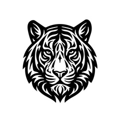 bold, tribal-style illustration of a tiger head, composed of swirling black lines and geometric curves