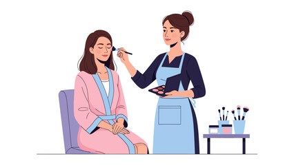 Professional makeup artist applying blush to a seated woman s face with a brush and palette in a salon setting