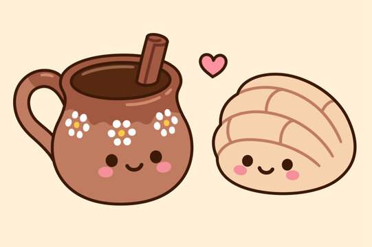 Cafe de Olla, traditional Mexican coffee and Concha sweet bread couple. Kawaii faces and cute heart. Simple cartoon vector illustration.