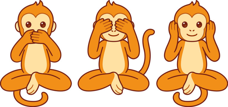 Three wise monkeys with hands covering eyes, ears and mouth: See no evil, Hear no evil, Speak no evil. Cute cartoon funny character illustration.