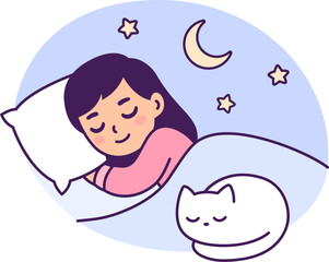 Cute cartoon sleeping girl with cat on bed. Little child, sweet dreams vector illustration.