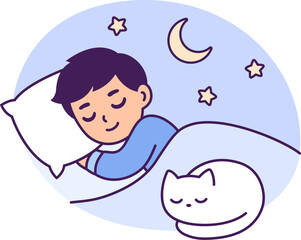 Cute cartoon sleeping boy with cat on bed. Little child, sweet dreams vector illustration.