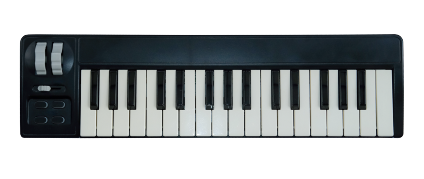 Piano keys midi keyboard isolated on transparency background. Music instrument for entertainment.