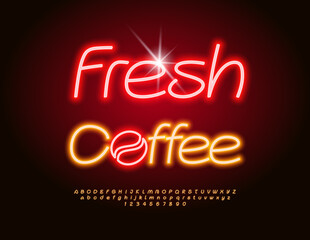 Vector Promo board Fresh Coffee for Cafe. Trendy Neon Font. Bright Led Light Alphabet Letters and Numbers set.