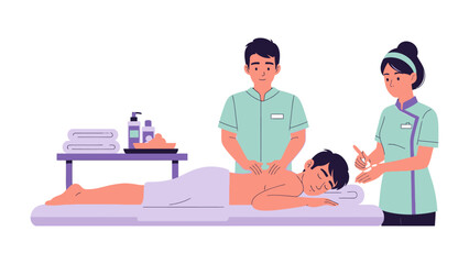 Two professional massage therapists providing a therapeutic deep tissue massage to a relaxed client lying on a massage table in a clean spa setting