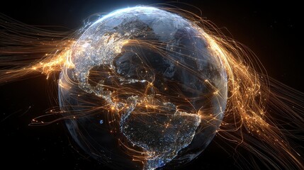 A glowing earth with golden lines representing connections and data streams in the dark space