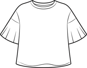 Flared sleeve top fashion cad, trendy blouse flat sketch, wide sleeve women shirt vector template, cad drawing flat vector illustration