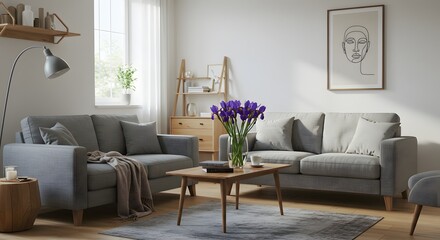 Modern Living Room Interior with Grey Sofas, Wooden Coffee Table and Purple Irises png clear alpha channel cutout isolated on transparent background