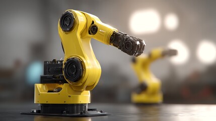 A vibrant yellow robotic arm stands poised for action within a modern industrial setting, showcasing precision engineering and automated manufacturing processes, evoking efficiency.