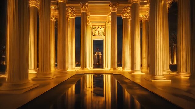 Elegant Golden Columns Reflecting on Water at Night Under Warm Light for Stock Use