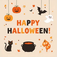Happy Halloween with Pumpkins, Ghosts, and a Black Cat