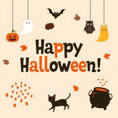 Happy Halloween with Pumpkins, Ghosts, and a Black Cat