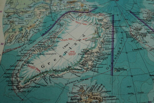 Close up of a Greenland on a map. Greenland map. Donald trump Greenland 