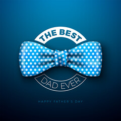 Happy Father's Day Vector Card with Realistic Blue Polka Dot Bow Tie, The Best Dad Ever Typography, and Elegant White Badge on Dark Blue Background