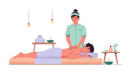 Relaxing male client receives therapeutic back massage from skilled female therapist in a tranquil spa setting with soft lighting