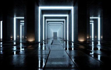 Fototapeta premium Long and Narrow Neon-Lit Corridor with Reflective Floor