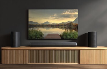 The contemporary living room features a sleek sound bar and smart TV, blending stylish interior design with cutting-edge tech for an immersive audio-visual experience amidst a stunning landscape view